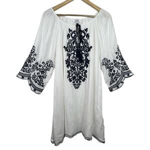 NEW C/C Chic Connection Embroidered BOHO Tunic Dress White and Navy Small